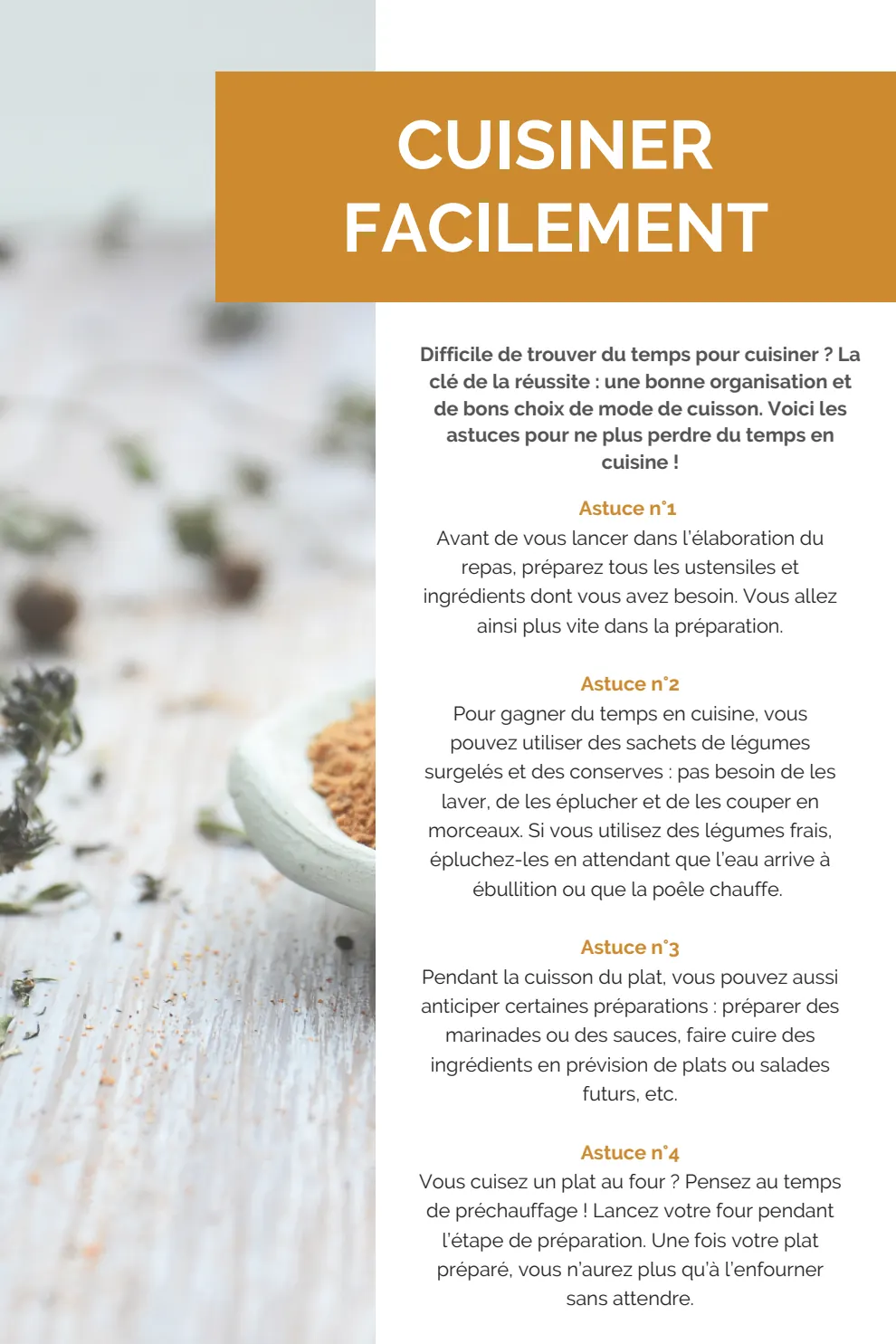 Page du livret consacrée à l’organisation en cuisine