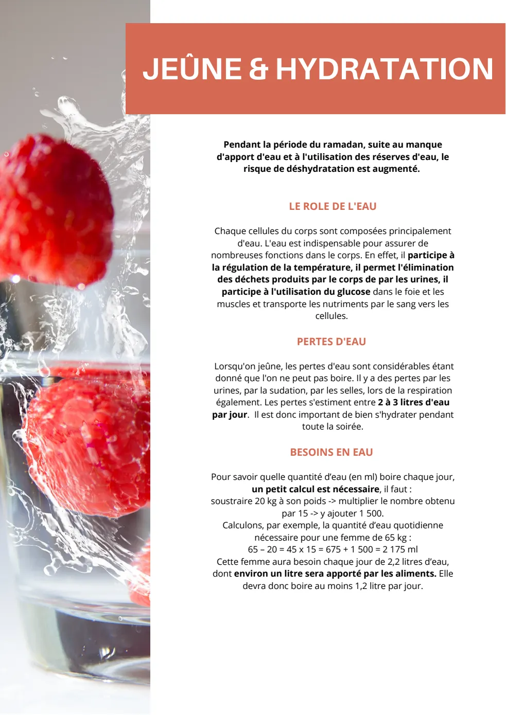 Page du livret consacrée au jeûne et à l’hydratation