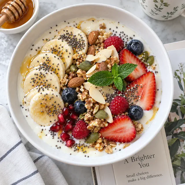 Bol de yaourt garni de banane, fruits rouges, amandes, graines et granola